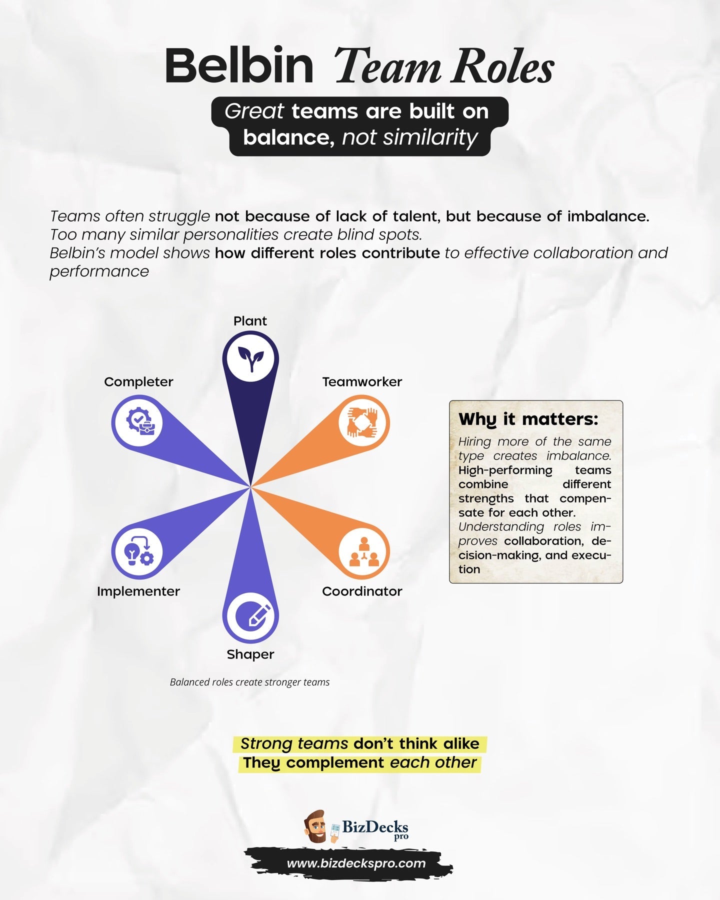Belbin Team Roles one-page visual guide showing the framework's key elements