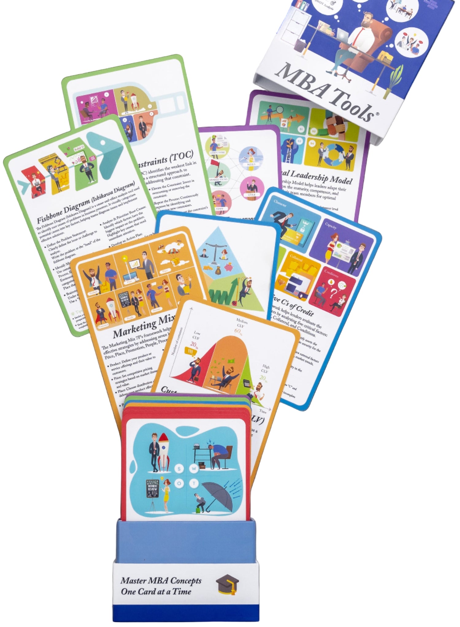Set of colorful educational cards with various designs on a white background