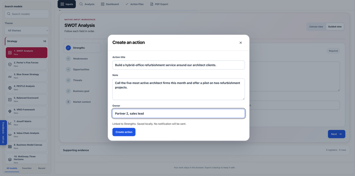 Illustrative example: an action in the BizDecks Model Dashboard with a title, a note and an owner, linked to a strength