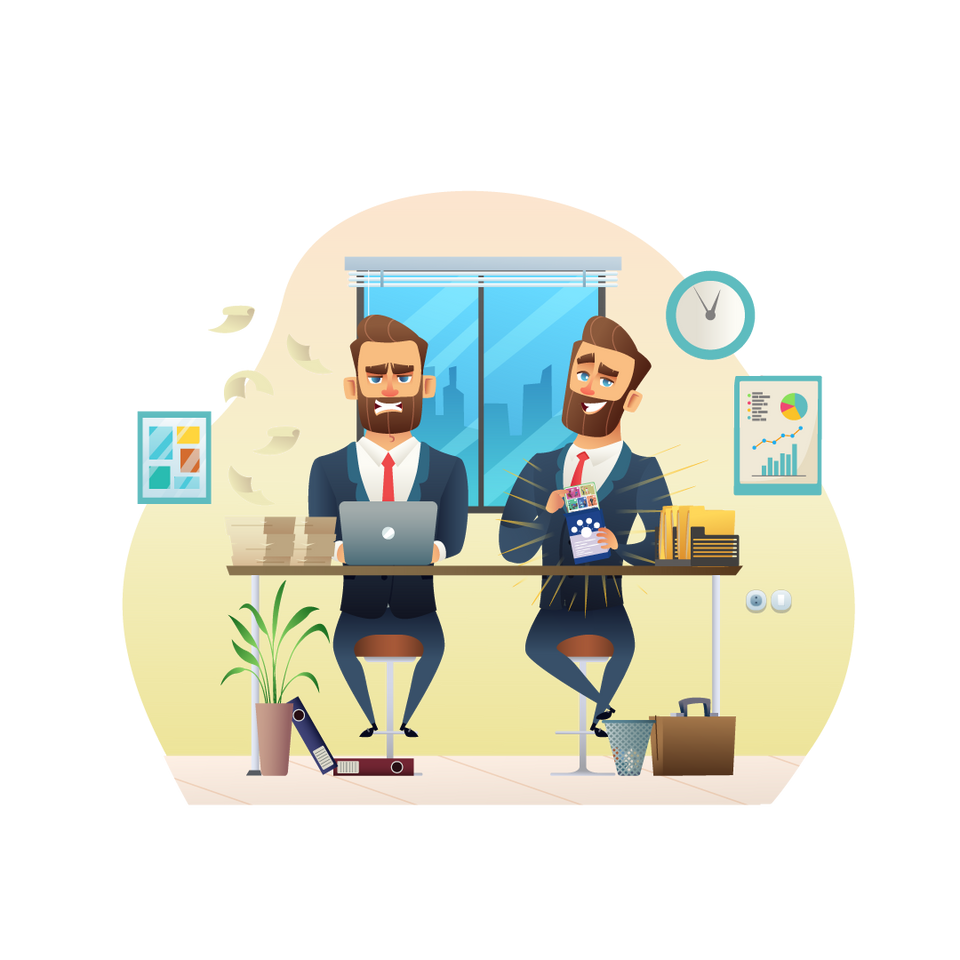 Illustration: a stressed professional at a cluttered desk next to a cheerful colleague holding the MBA Tools card deck at a tidy desk
