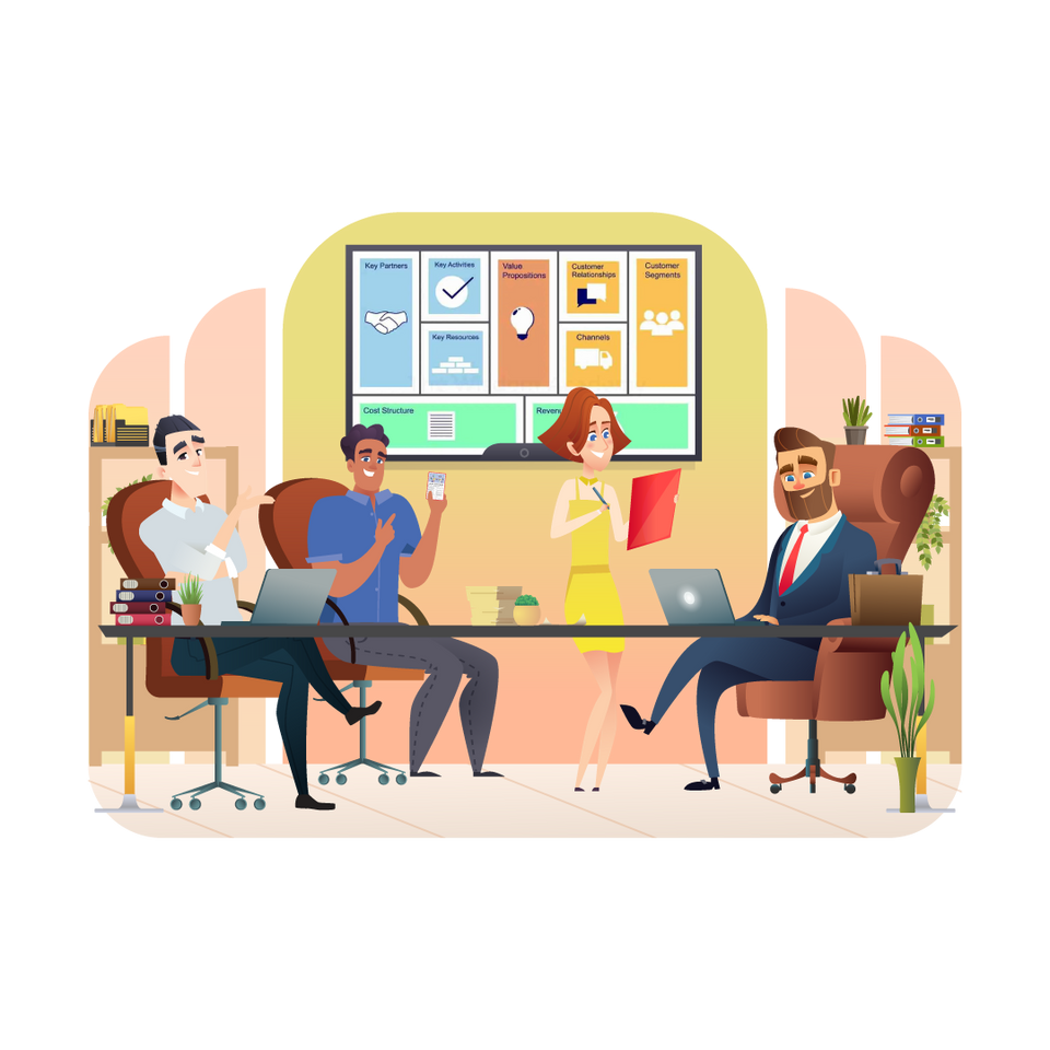 Illustration: a cheerful team working through the Business Model Canvas together on a large screen