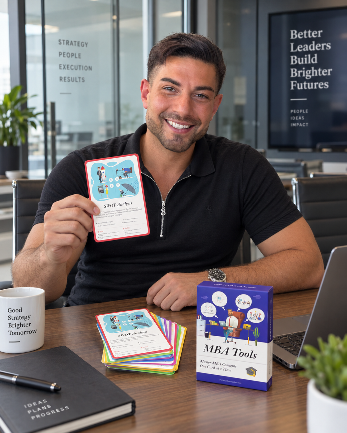 Sohrab, founder of BizDecks, holding the SWOT Analysis card in his office