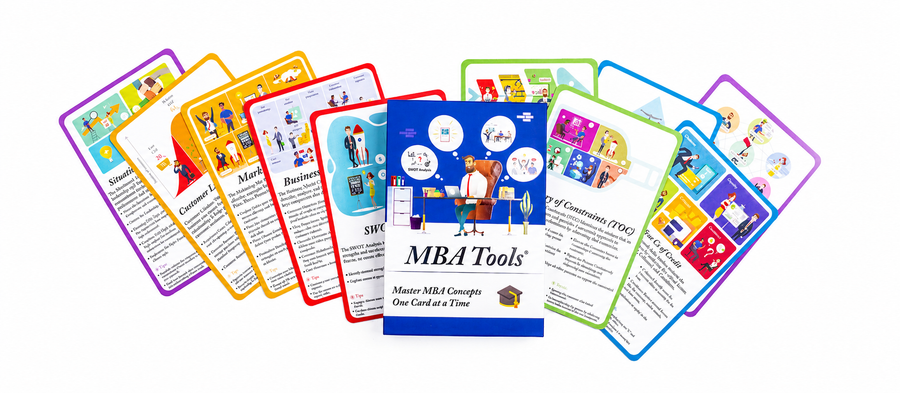 BizDecks MBA Tools box surrounded by colorful business framework cards