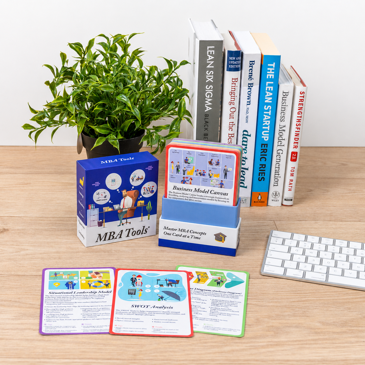BizDecks MBA model card deck beside business books