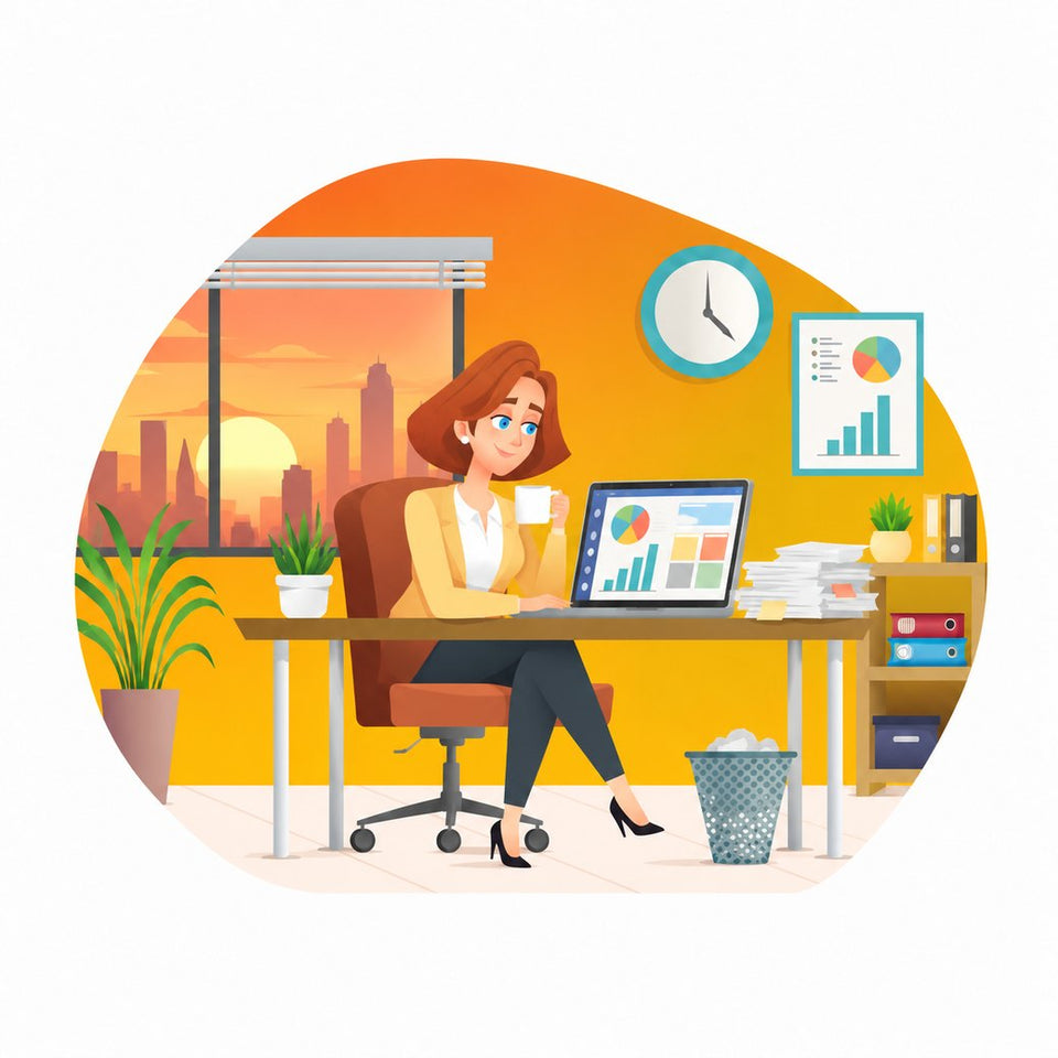 Illustration : une professionnelle sereine avec un tableau de bord d’une page sur son ordinateur, la veille d’une décision