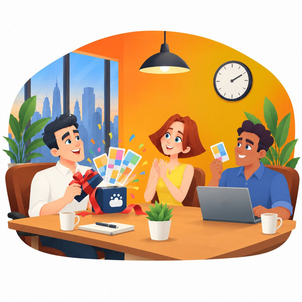 Illustration : un collègue offre le jeu MBA Tools à un nouveau membre de l’équipe, à la table du bureau.
