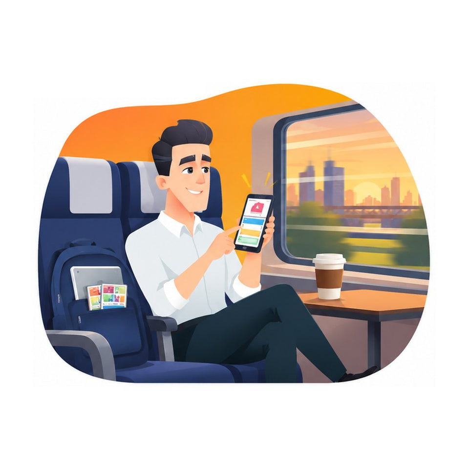 Illustration : un jeune professionnel dans le train prépare une décision sur son téléphone