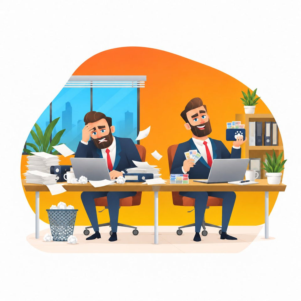 Illustration : un professionnel stressé à un bureau encombré, à côté d’un collègue souriant qui tient le jeu de cartes MBA Tools à un bureau bien rangé.