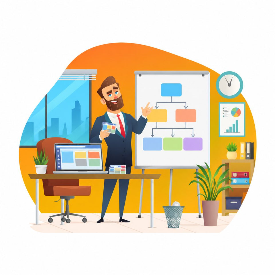 Illustration : un manager au tableau blanc avec un schéma de processus, une carte de modèle à la main