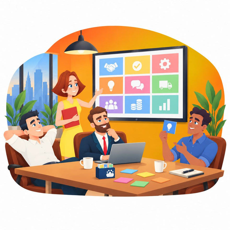 Illustration : une équipe enthousiaste qui travaille ensemble sur le Business Model Canvas affiché sur un grand écran.