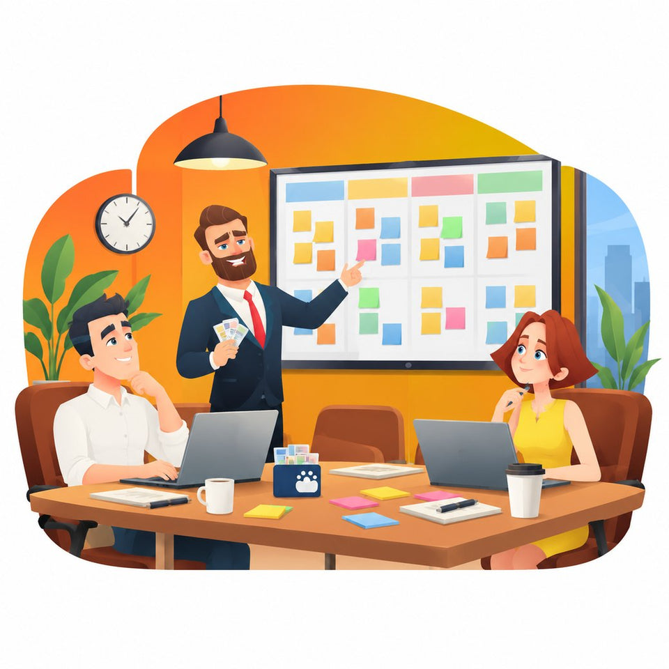 Illustration : un animateur mène un atelier d’équipe sur un tableau prêt à l’emploi