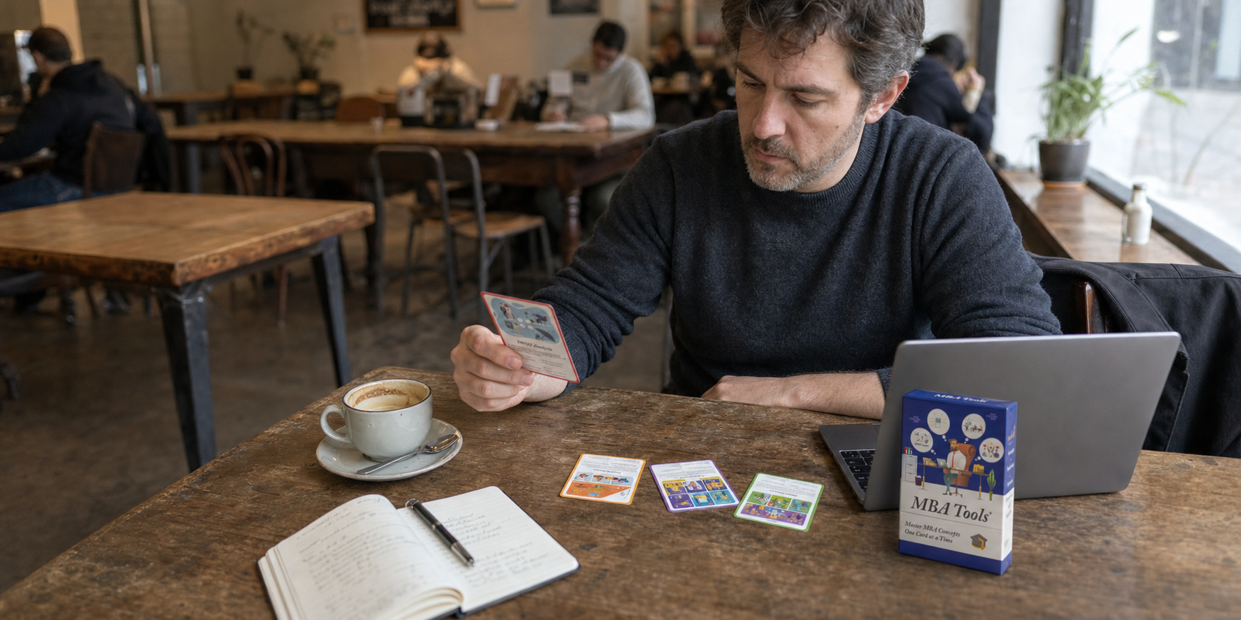 Open BizDecks MBA model cards beside professional reference books