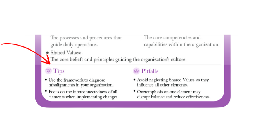 McKinsey 7S Framework card showing shared values, tips and pitfalls