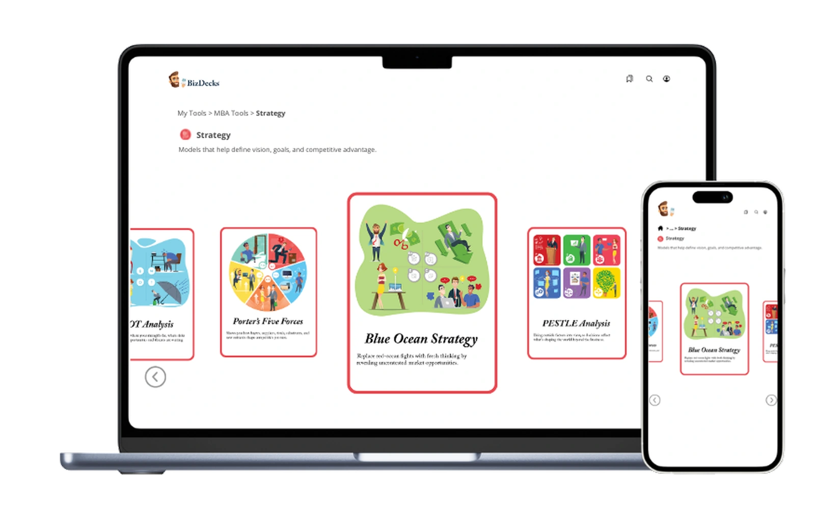 BizDecks online environment shown on laptop and phone