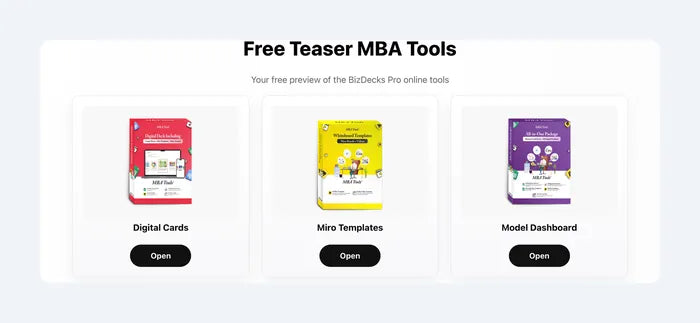 La page d’accueil du teaser gratuit avec Digital Cards, Miro Templates et Model Dashboard